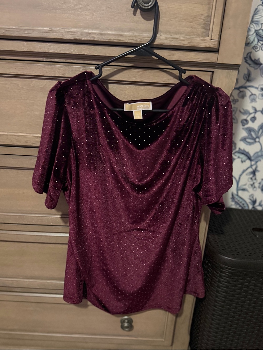Michael Kors Sparkling Wine-Red Velvet Puff Sleeve Top